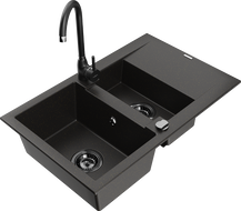 Mexen Gaspar granite sink 1.5-bowl with drainer and Telma kitchen tap, black/gold - 6507-75-670200-70-B
