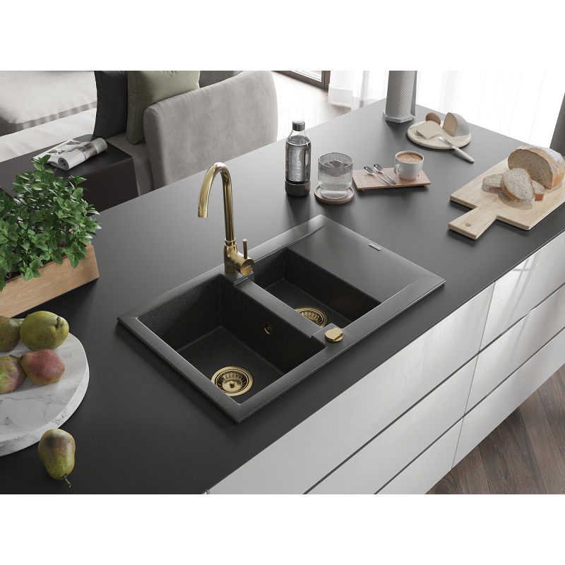 Mexen Gaspar granite sink 1.5-bowl with drainer and Telma kitchen mixer tap, black speckled - 6507-76-670200-50
