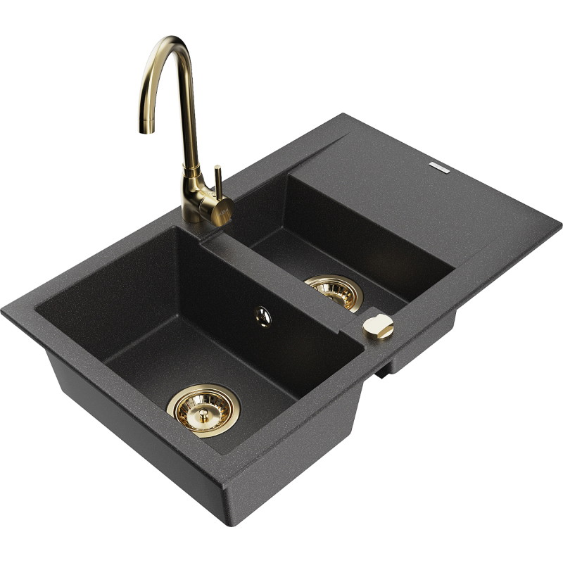 Mexen Gaspar 1.5-bowl granite sink with drainer and Telma kitchen faucet, black speckled - 6507-76-670200-50
