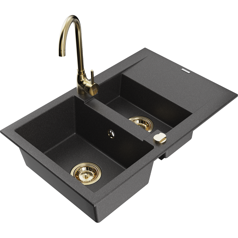 Mexen Gaspar granite sink 1.5-bowl with drainer and Telma kitchen mixer tap, black speckled - 6507-76-670200-50