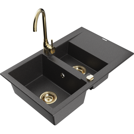 Mexen Gaspar 1.5-compartment granite sink with a drip tray and kitchen mixer tap Telma, spotted black - 6507-76-670200-50