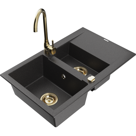 Mexen Gaspar granite sink 1.5-bowl with drainer and Telma kitchen mixer tap, black speckled - 6507-76-670200-50