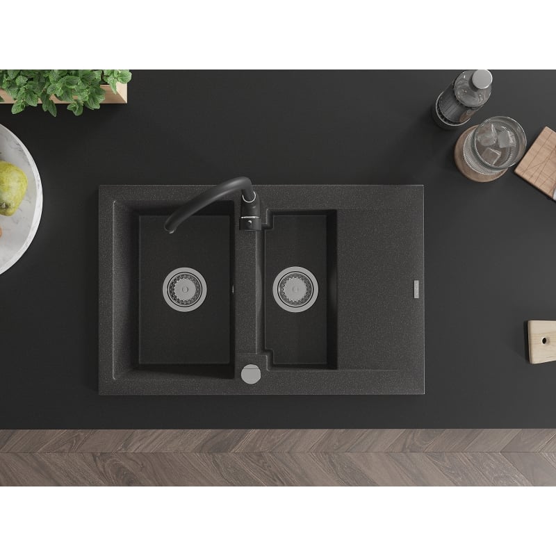 Mexen Gaspar 1.5-bowl granite sink with drainer and Telma kitchen faucet, speckled black - 6507-76-670200-70