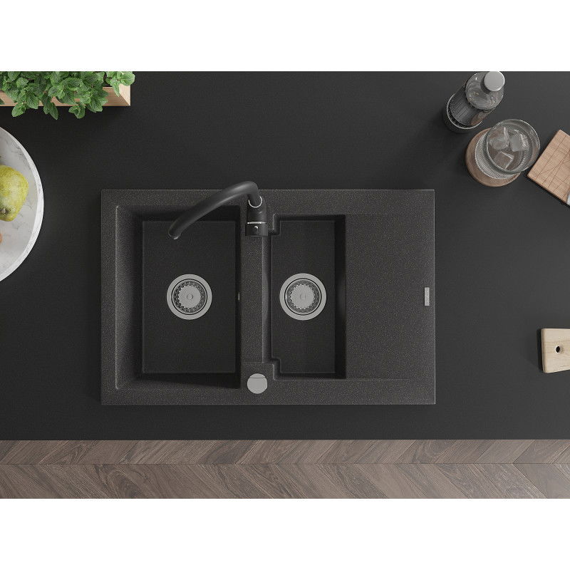 Mexen Gaspar granite sink 1.5-bowl with drainer and Telma kitchen tap, black speckled - 6507-76-670200-70