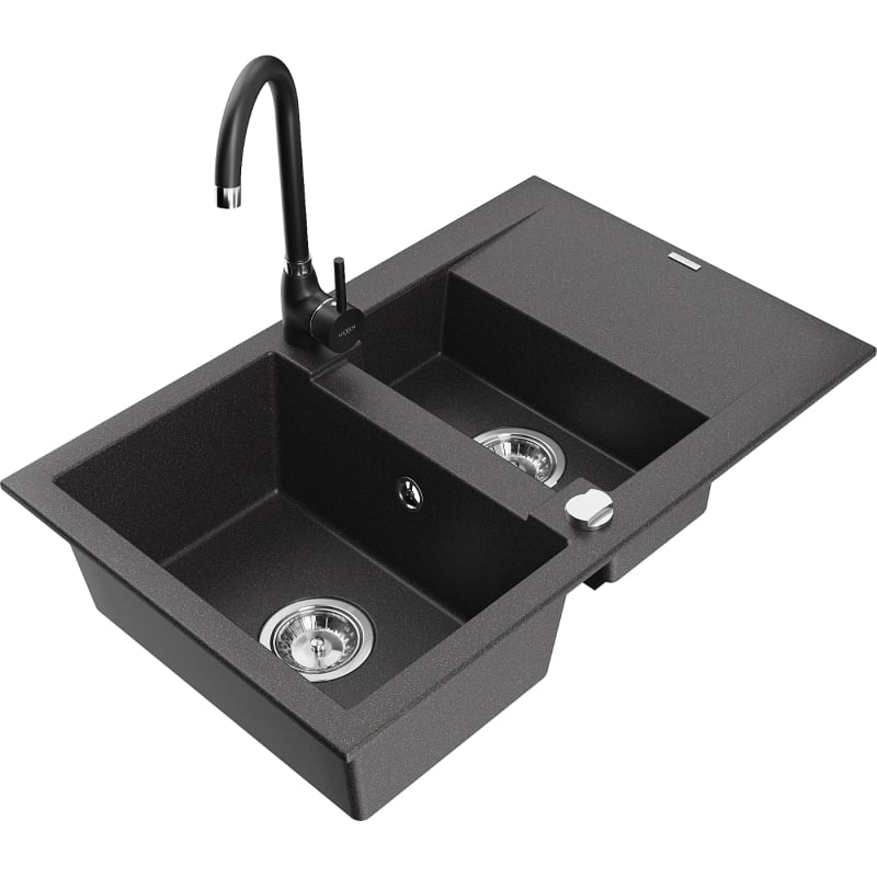 Mexen Gaspar 1.5-bowl granite sink with drainer and Telma kitchen faucet, black speckled - 6507-76-670200-70