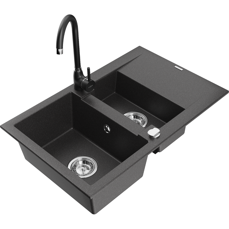 Mexen Gaspar 1.5-compartment granite sink with a drip tray and kitchen mixer tap Telma, spotted black - 6507-76-670200-70