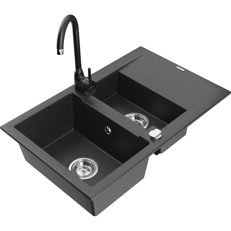 Mexen Gaspar granite sink 1.5-bowl with drainer and Telma kitchen tap, black speckled - 6507-76-670200-70