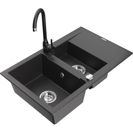 Mexen Gaspar 1.5-bowl granite sink with drainer and Telma kitchen faucet, black speckled - 6507-76-670200-70