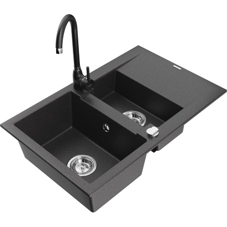 Mexen Gaspar granite sink 1.5-bowl with drainer and Telma kitchen tap, black speckled - 6507-76-670200-70