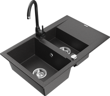 Mexen Gaspar 1.5-bowl granite sink with drainer and Telma kitchen faucet, speckled black - 6507-76-670200-70