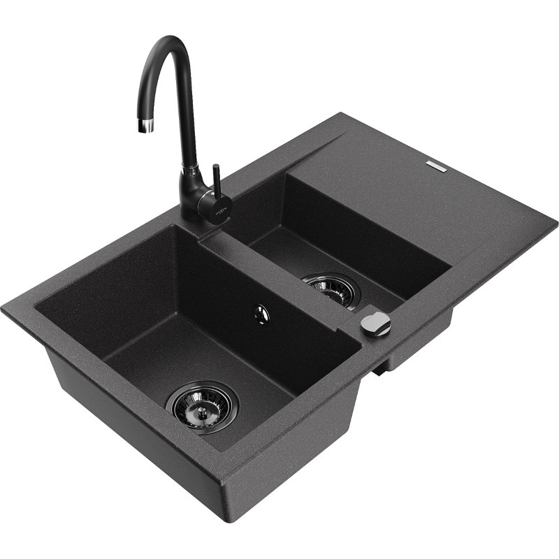Mexen Gaspar 1.5-compartment granite sink with a drip tray and kitchen mixer tap Telma, spotted black - 6507-76-670200-70-B
