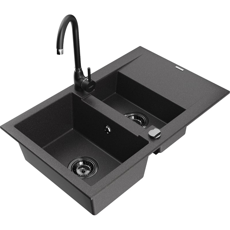 Mexen Gaspar granite kitchen sink 1.5-bowl with drainer and Telma kitchen faucet, black speckled - 6507-76-670200-70-B