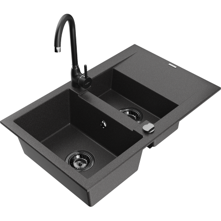 Mexen Gaspar granite kitchen sink 1.5-bowl with drainer and Telma kitchen faucet, black speckled - 6507-76-670200-70-B