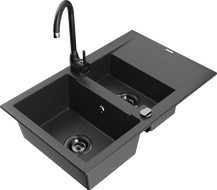 Mexen Gaspar granite sink with 1.5 bowls, drainer, and Telma kitchen tap, black speckled - 6507-76-670200-70-B