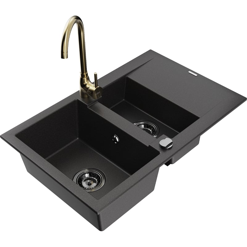 Mexen Gaspar 1.5-bowl granite sink with a drainer and Telma kitchen faucet, black - 6507-77-670200-50-B