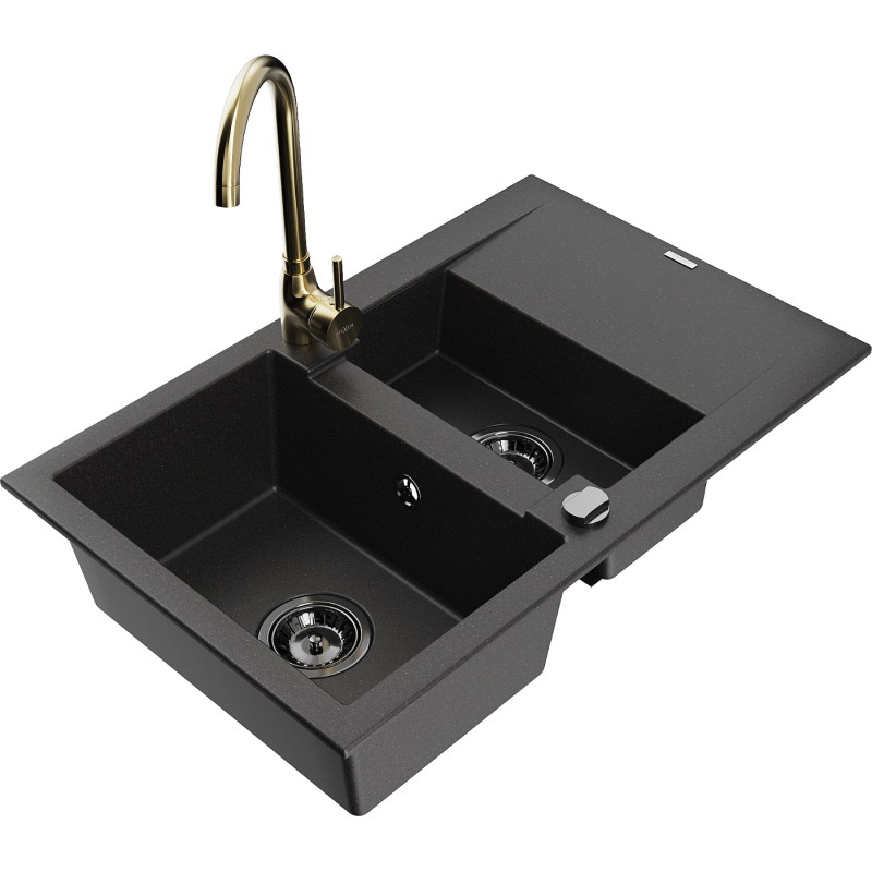 Mexen Gaspar 1.5-bowl granite sink with drainer and Telma kitchen faucet, black - 6507-77-670200-50-B