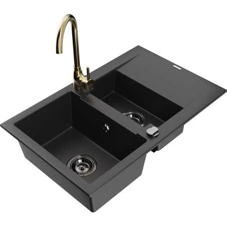 Mexen Gaspar 1.5-bowl granite sink with a drainer and Telma kitchen faucet, black - 6507-77-670200-50-B