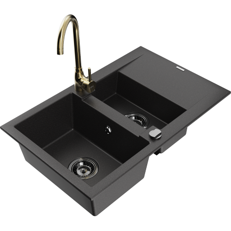 Mexen Gaspar 1.5-bowl granite sink with drainer and Telma kitchen faucet, black - 6507-77-670200-50-B