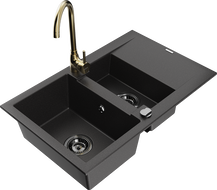 Mexen Gaspar 1.5-bowl granite sink with drainer and Telma kitchen faucet, black - 6507-77-670200-50-B