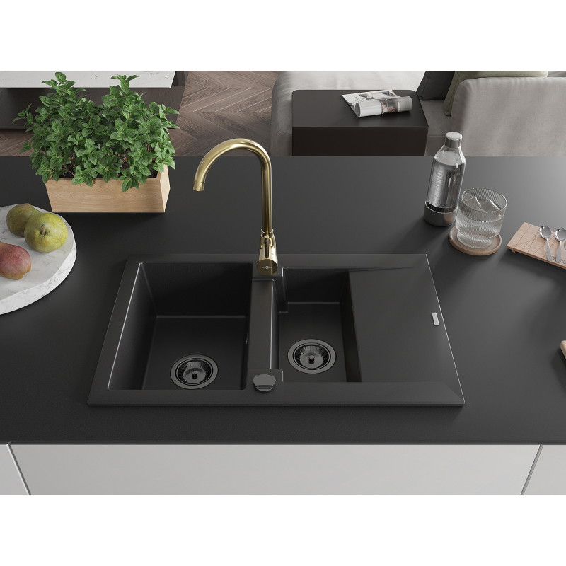 Mexen Gaspar 1.5-bowl granite sink with drainer and Telma kitchen faucet, black - 6507-77-670200-50-B