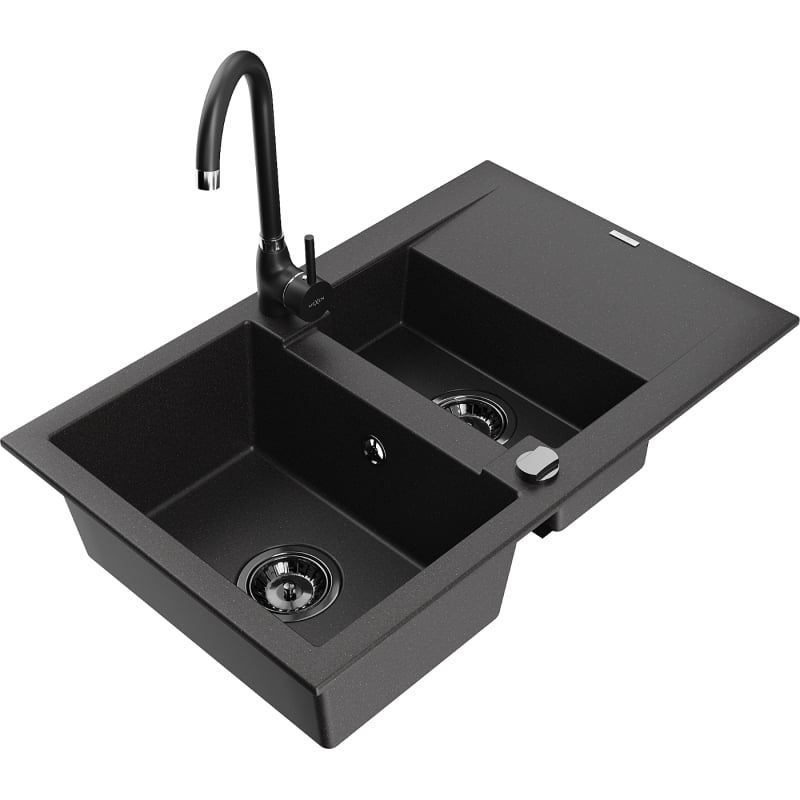 Mexen Gaspar 1.5-bowl granite sink with drainer and Telma kitchen faucet, black - 6507-77-670200-70-B