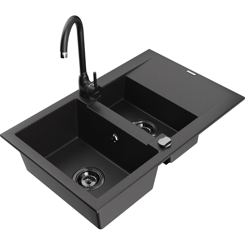 Mexen Gaspar 1.5-compartment granite sink with a drip tray and kitchen mixer tap Telma, Black - 6507-77-670200-70-B