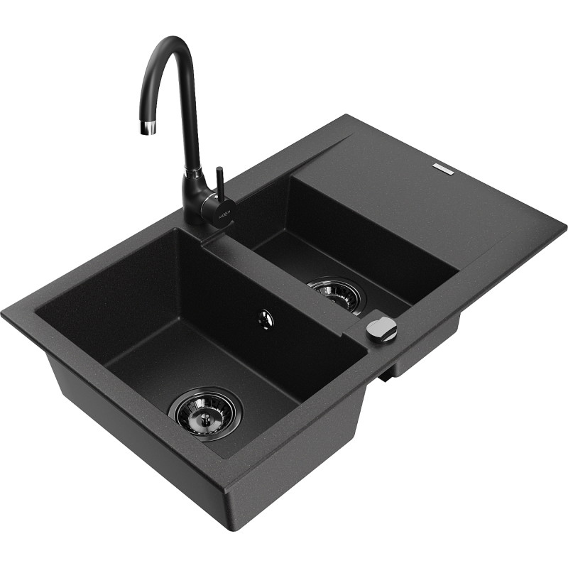 Mexen Gaspar granite sink 1.5-bowl with drainer and kitchen faucet Telma, black - 6507-77-670200-70-B