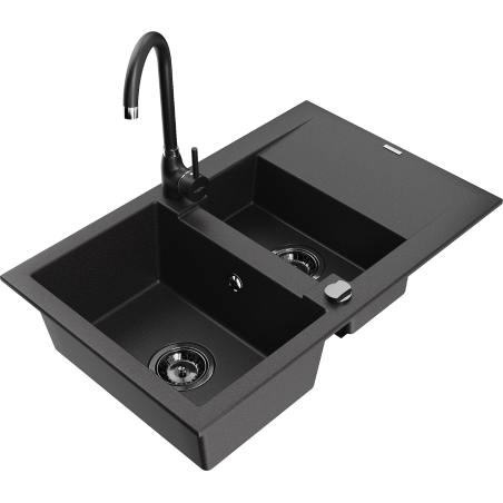 Mexen Gaspar 1.5-bowl granite sink with drainer and Telma kitchen faucet, black - 6507-77-670200-70-B