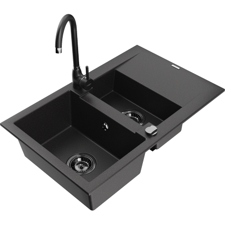 Mexen Gaspar granite sink 1.5-bowl with drainer and Telma kitchen tap, black - 6507-77-670200-70-B