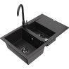 Mexen Gaspar 1.5-bowl granite sink with drainer and Telma kitchen faucet, black - 6507-77-670200-70-B