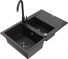 Mexen Gaspar 1.5-compartment granite sink with a drip tray and kitchen mixer tap Telma, Black - 6507-77-670200-70-B