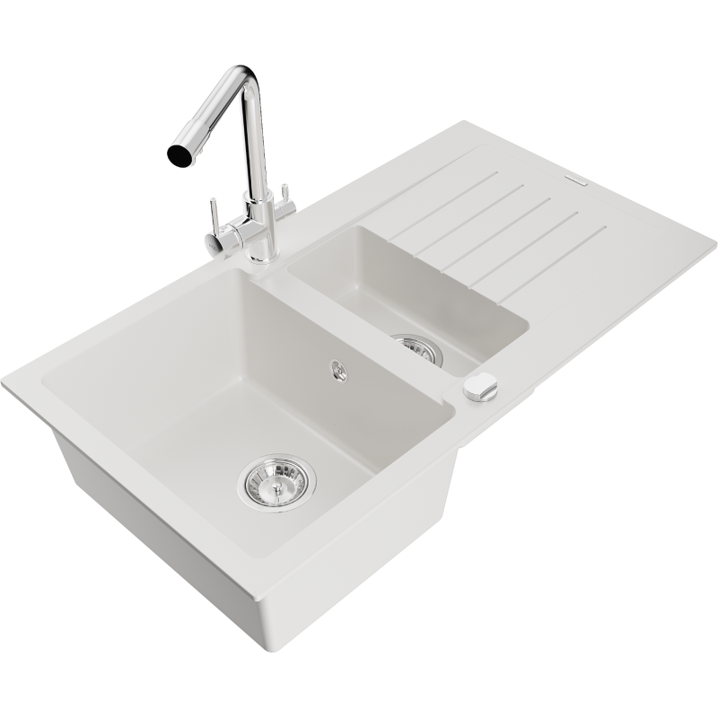 Mexen Matias 1.5-compartment granite sink with a drip tray and kitchen mixer tap Duero, White - 6502-20-671600-00