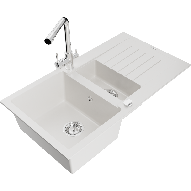 Mexen Matias granite sink 1.5-bowl with drainer and Duero kitchen tap, white - 6502-20-671600-00