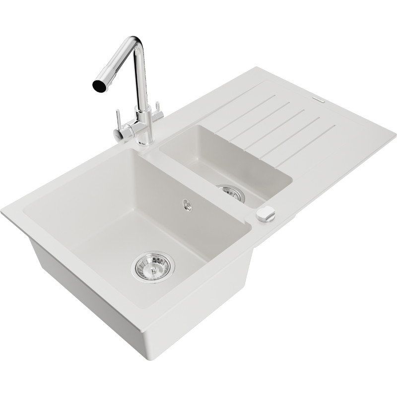 Mexen Matias granite sink 1.5-bowl with drainer and kitchen faucet Duero, white - 6502-20-671600-00