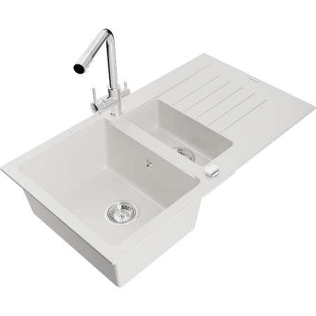 Mexen Matias 1.5-compartment granite sink with a drip tray and kitchen mixer tap Duero, White - 6502-20-671600-00