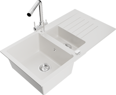 Mexen Matias 1.5-compartment granite sink with a drip tray and kitchen mixer tap Duero, White - 6502-20-671600-00