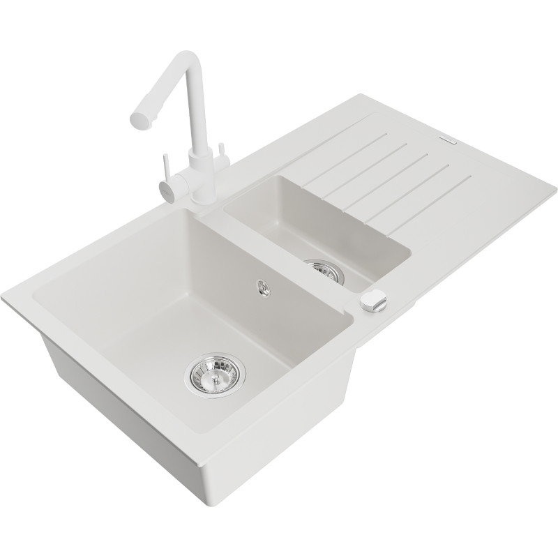 Mexen Matias granite sink 1.5-bowl with drainer and Duero kitchen faucet, white - 6502-20-671600-20