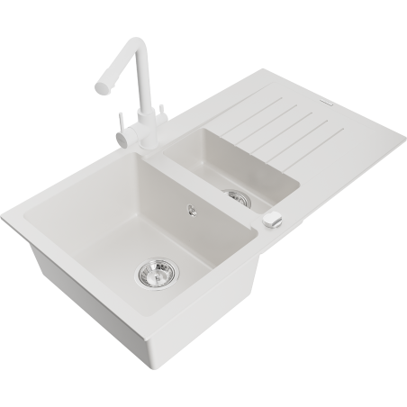 Mexen Matias 1.5-bowl granite kitchen sink with drainer and Duero tap, white - 6502-20-671600-20