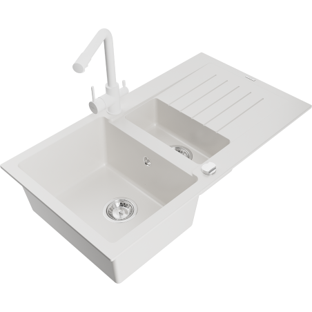 Mexen Matias 1.5-compartment granite sink with a drip tray and kitchen mixer tap Duero, White - 6502-20-671600-20