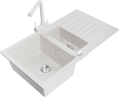 Mexen Matias 1.5-compartment granite sink with a drip tray and kitchen mixer tap Duero, White - 6502-20-671600-20