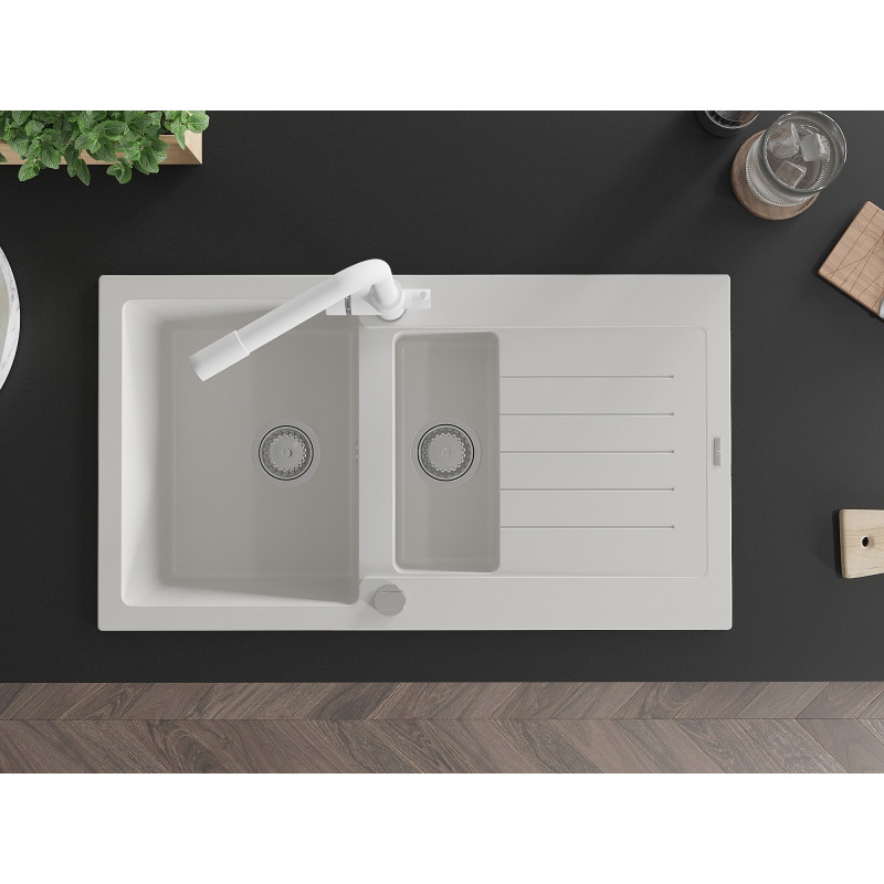 Mexen Matias granite sink 1.5-bowl with drainer and Duero kitchen faucet, white - 6502-20-671600-20