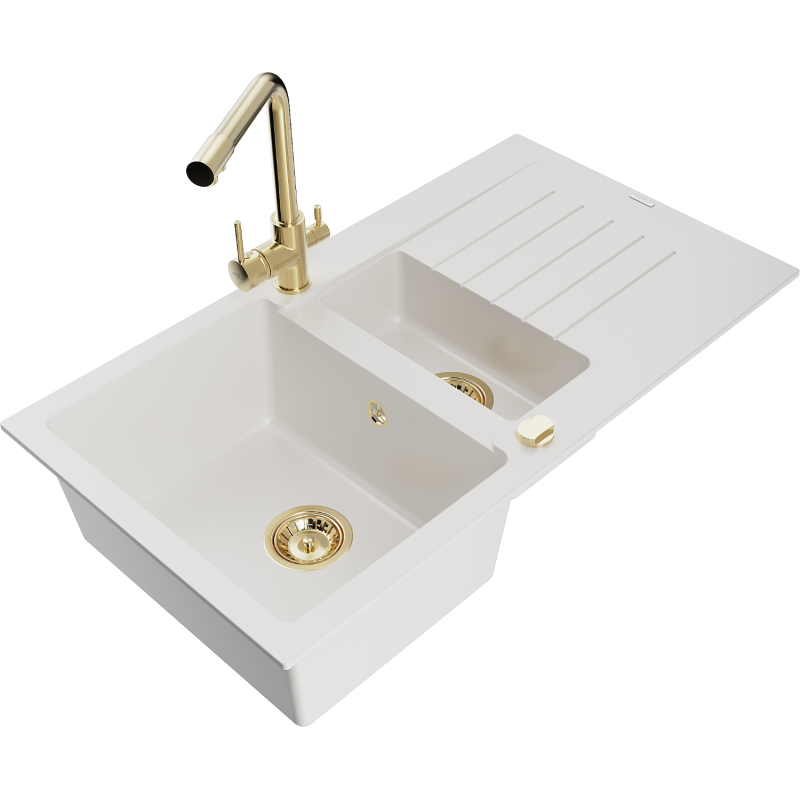 Mexen Matias 1.5-compartment granite sink with a drip tray and kitchen mixer tap Duero, White - 6502-20-671600-50