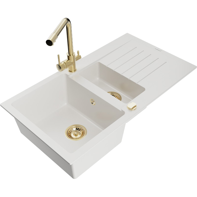 Mexen Matias granite sink 1.5-bowl with drainer and Duero kitchen faucet, white - 6502-20-671600-50