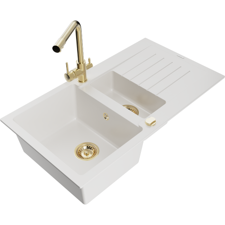 Mexen Matias granite sink 1.5-bowl with drainer and Duero kitchen faucet, white - 6502-20-671600-50
