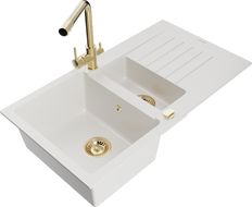 Mexen Matias 1.5-compartment granite sink with a drip tray and kitchen mixer tap Duero, White - 6502-20-671600-50