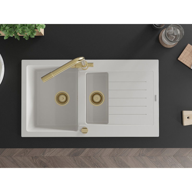 Mexen Matias granite sink 1.5-bowl with drainer and Duero kitchen tap, white - 6502-20-671600-50