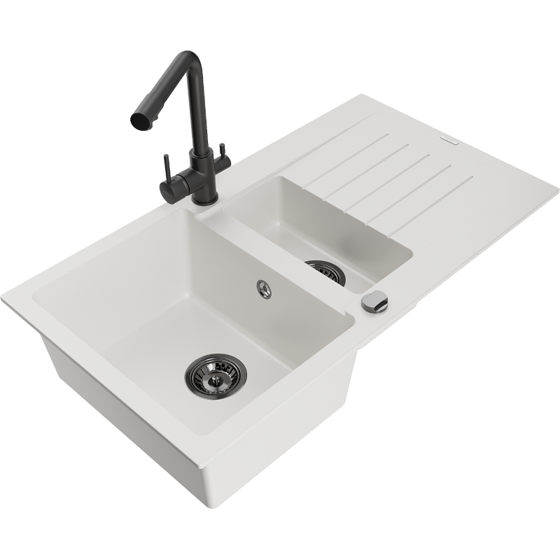 Mexen Matias 1.5-compartment granite sink with a drip tray and kitchen mixer tap Duero, White - 6502-20-671600-70