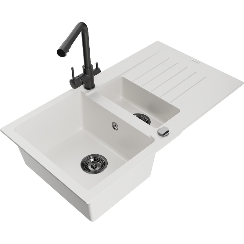 Mexen Matias granite sink 1.5-bowl with drainer and Duero kitchen faucet, white - 6502-20-671600-70
