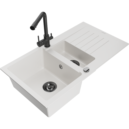 Mexen Matias 1.5-compartment granite sink with a drip tray and kitchen mixer tap Duero, White - 6502-20-671600-70