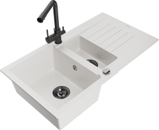 Mexen Matias 1.5-compartment granite sink with a drip tray and kitchen mixer tap Duero, White - 6502-20-671600-70
